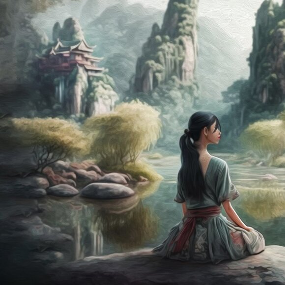 8x10 Lady Meditating on a‎ Rock Fantasy Art Oil Painting Print - Picture 5 of 6
